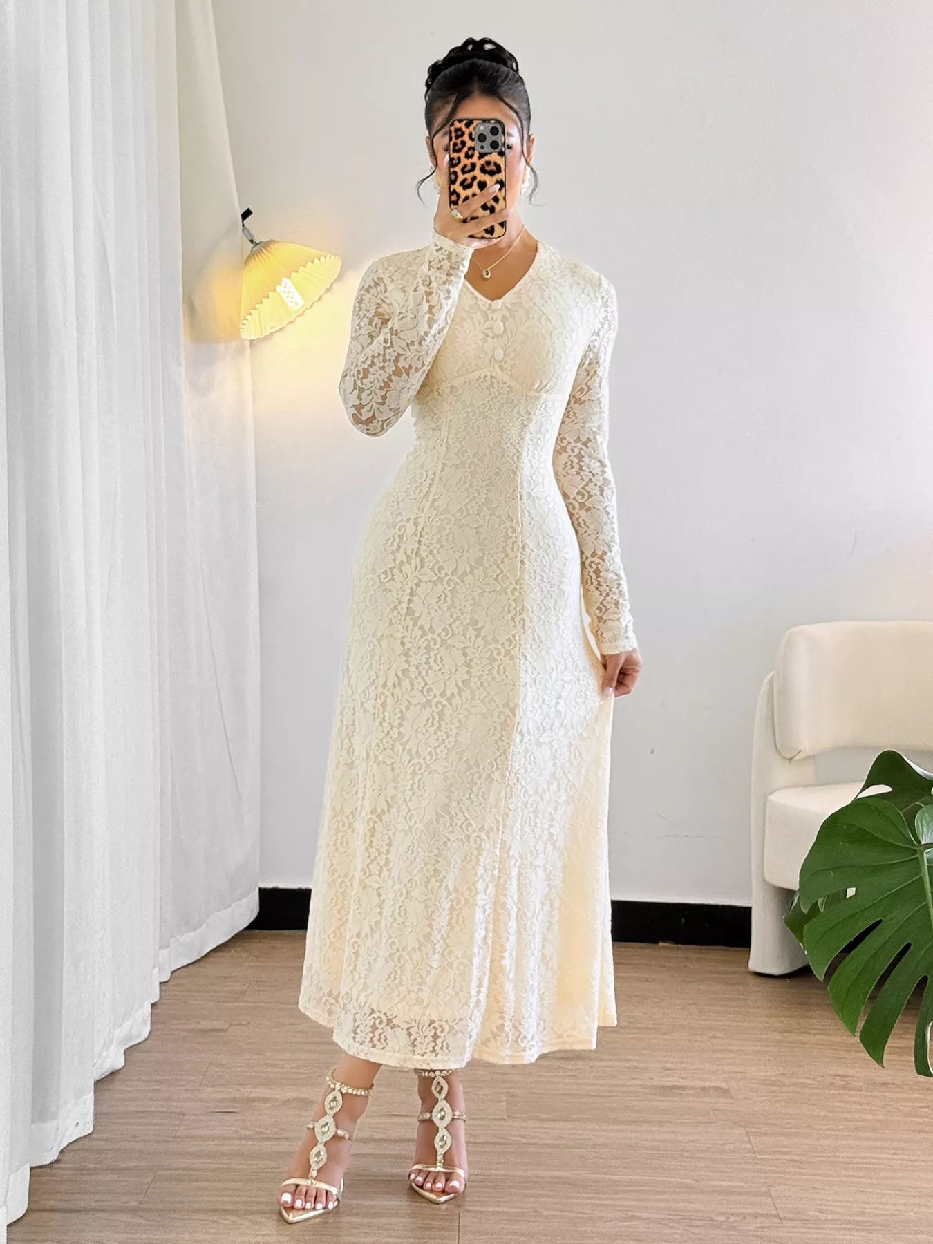 Lace V-Neck Long Sleeve Dress - Tigbul's Variety Fashion Shop