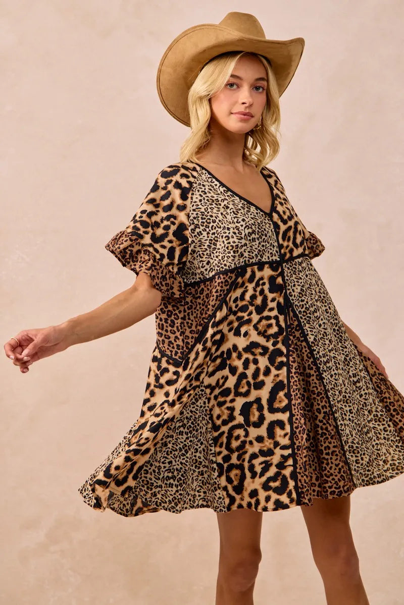 BiBi Leopard Prints Mix and Match Short Sleeves Dress - Tigbul's Variety Fashion Shop
