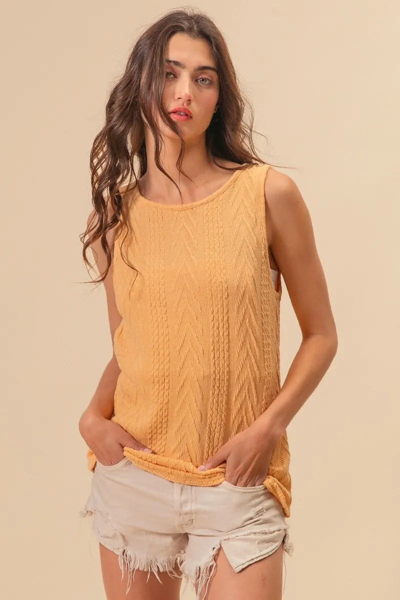 Textured Sweather Knit Twist Back Sleeveless Yellow Top - Tigbul's Variety Fashion Shop