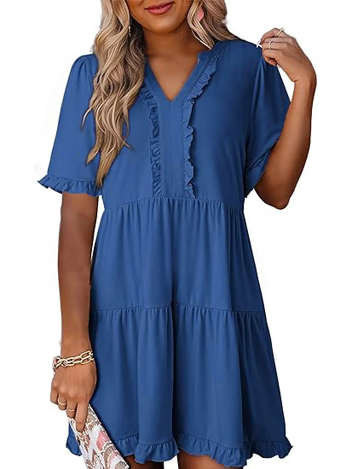 Tiered Notched Short Sleeve Mini Dress - Tigbul's Variety Fashion Shop