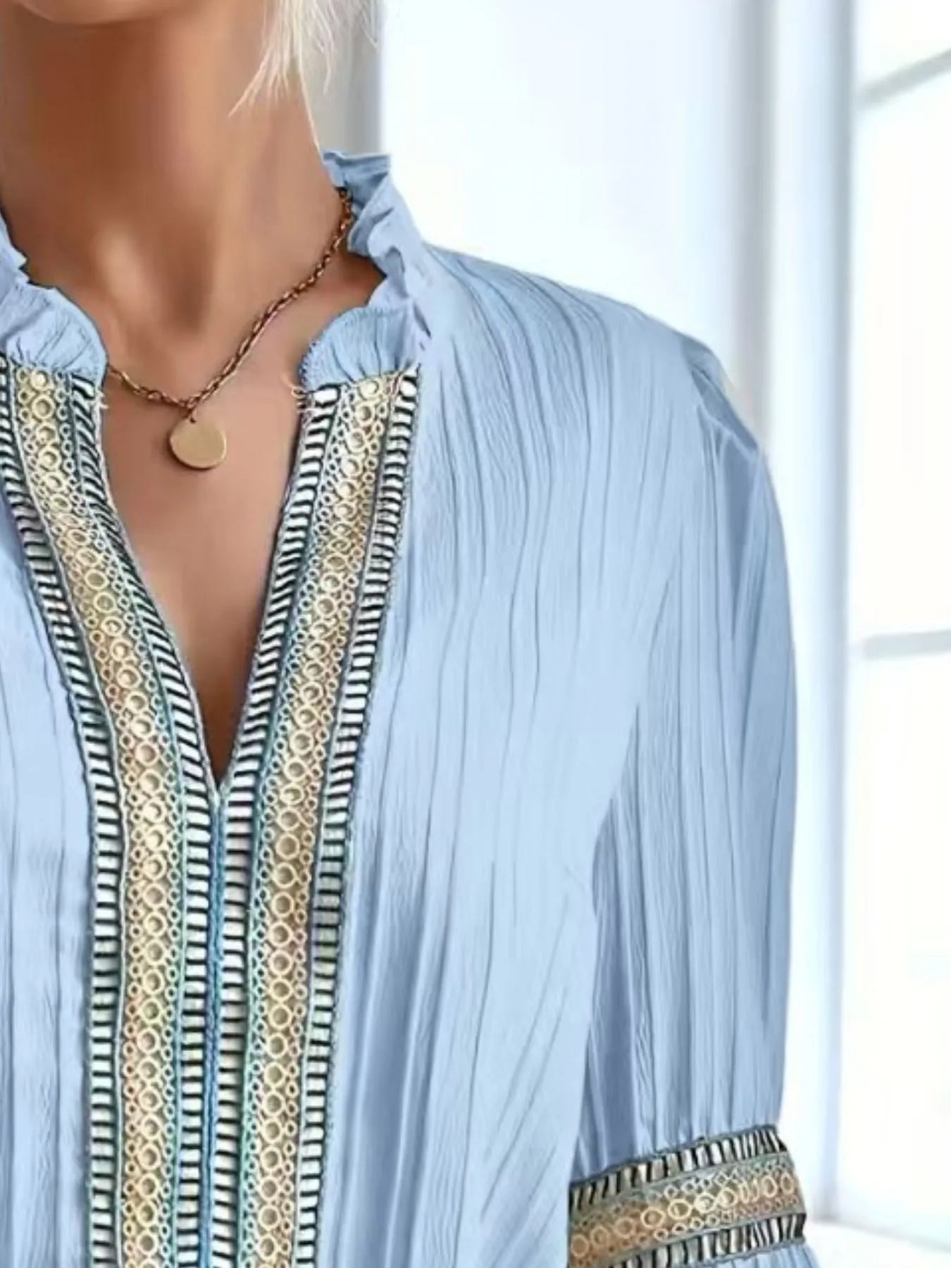 Notched Textured Balloon Sleeve Blouse - Tigbul's Variety Fashion Shop