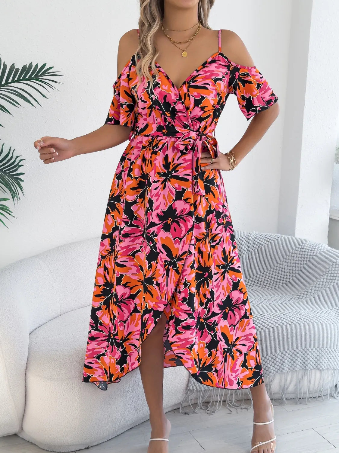 Printed Cold Shoulder Midi Cami Dress - Tigbul's Variety Fashion Shop