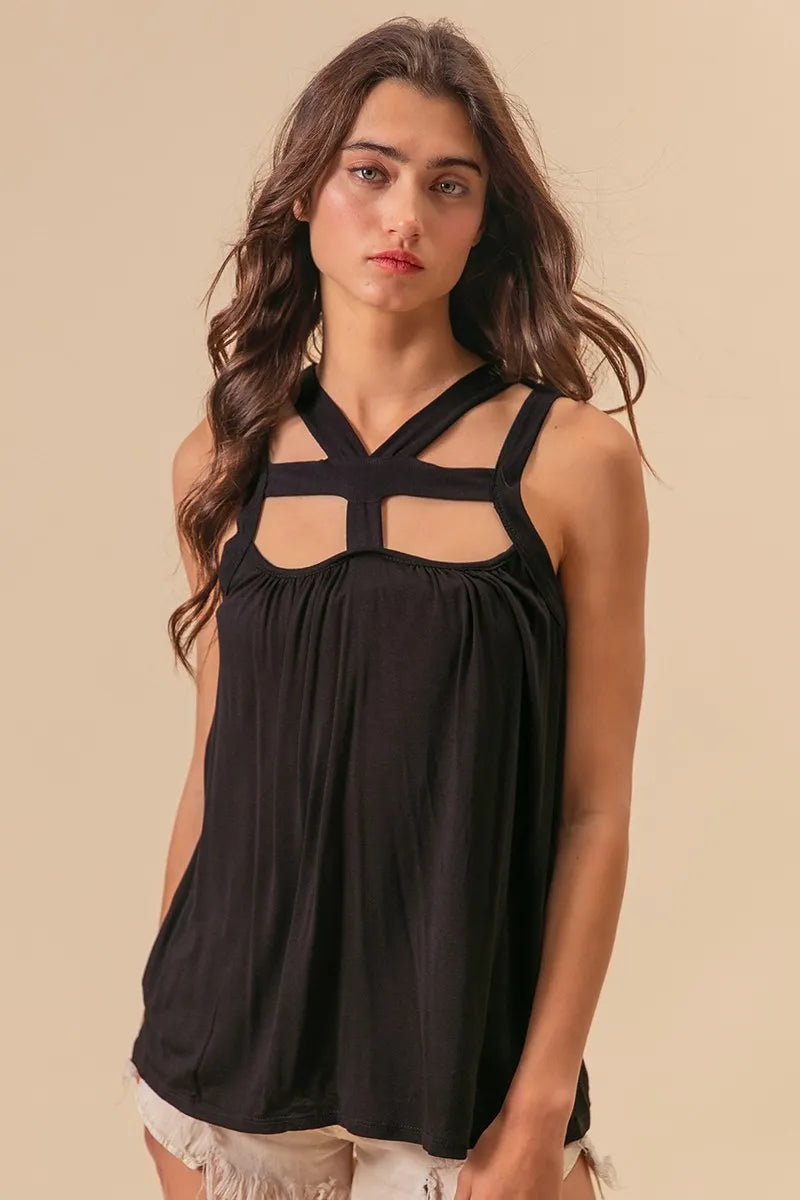 Black Rayon Span Jersey Cut Out with Straps Detailed - Tigbul's Variety Fashion Shop