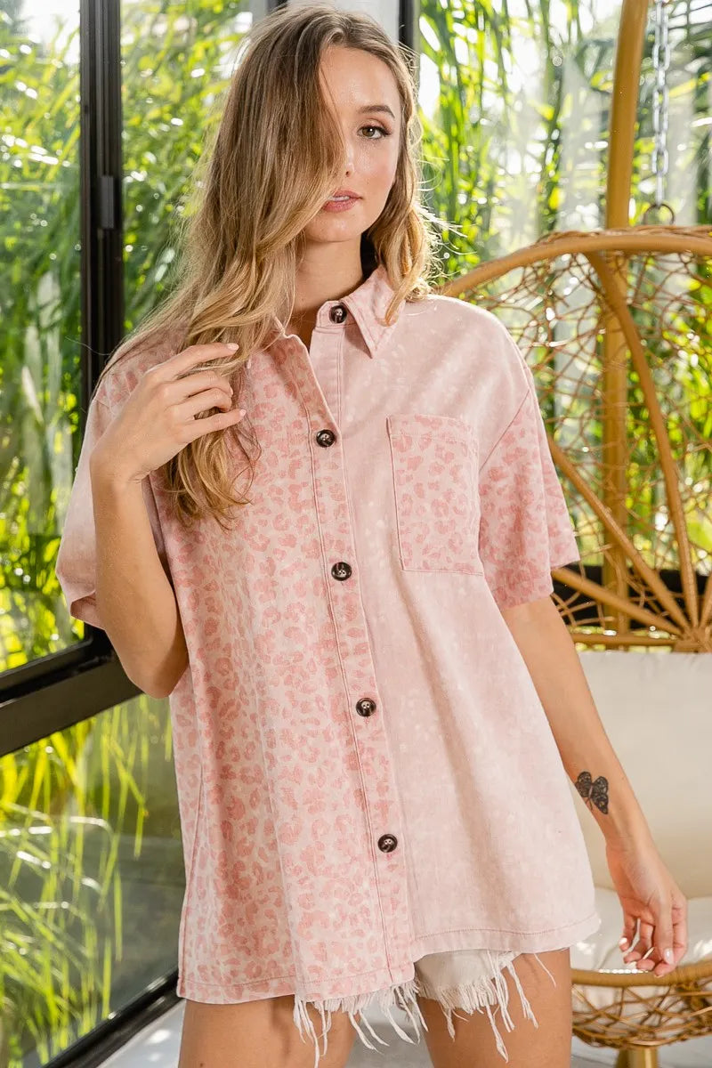 BiBi Mineral Washed Leopard Print Short Sleeve Shirt - Tigbul's Variety Fashion Shop