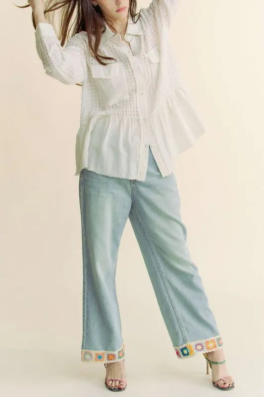 White Garment Washed Jacquard Button Front Shirt - Tigbul's Variety Fashion Shop
