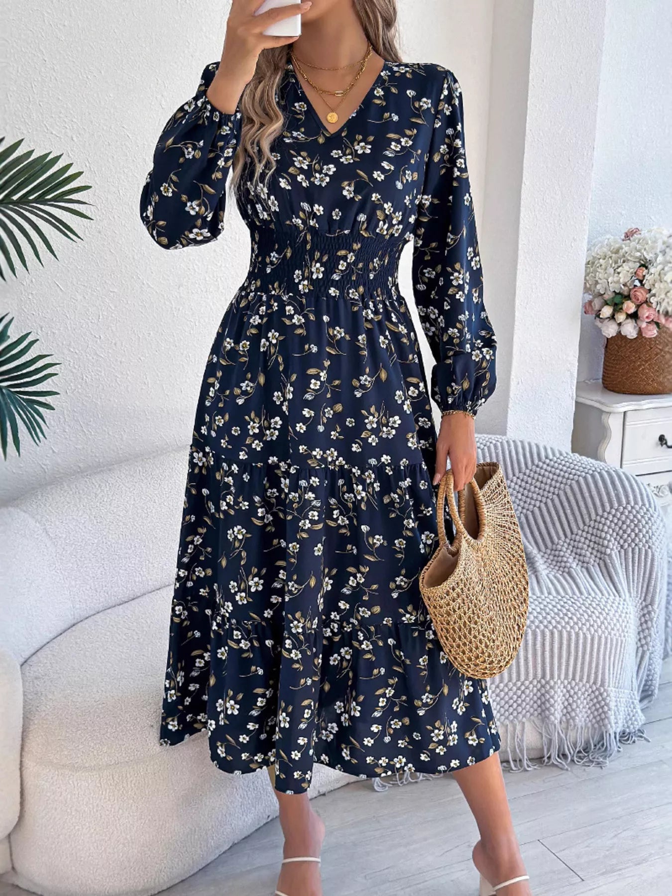 Floral Print Long Sleeve V-Neck Midi Dress - Tigbul's Variety Fashion Shop