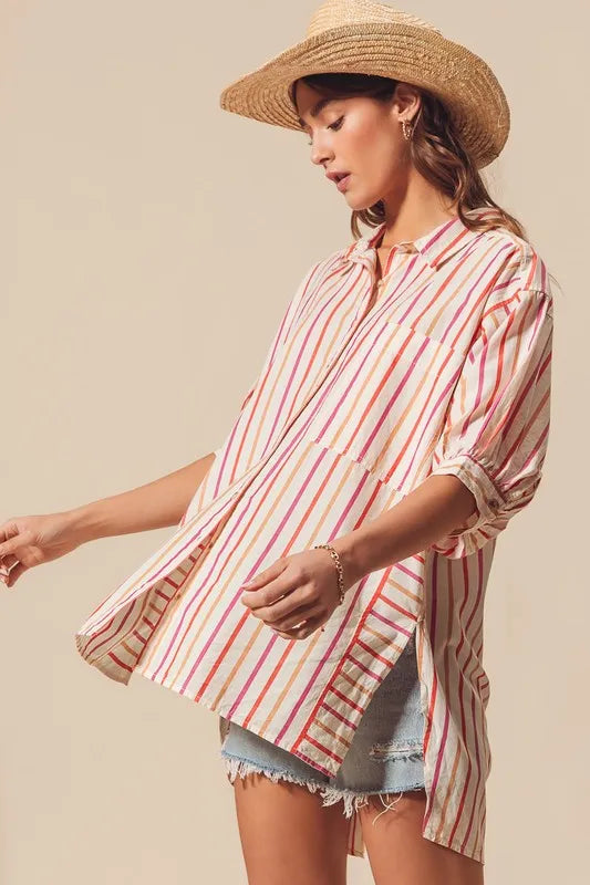 Pink Multicolored Stripe Button Down Shirt - Tigbul's Variety Fashion Shop