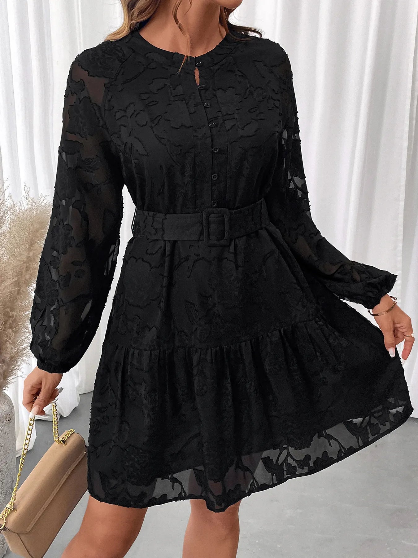 Button-Front Balloon Sleeve Mini Dress - Tigbul's Variety Fashion Shop