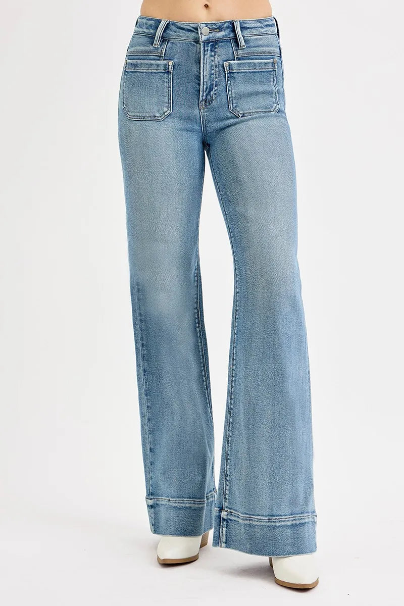RISEN Full Size High Rise Wide Flare Patch Pocket Jeans Plus Size - Tigbul's Variety Fashion Shop