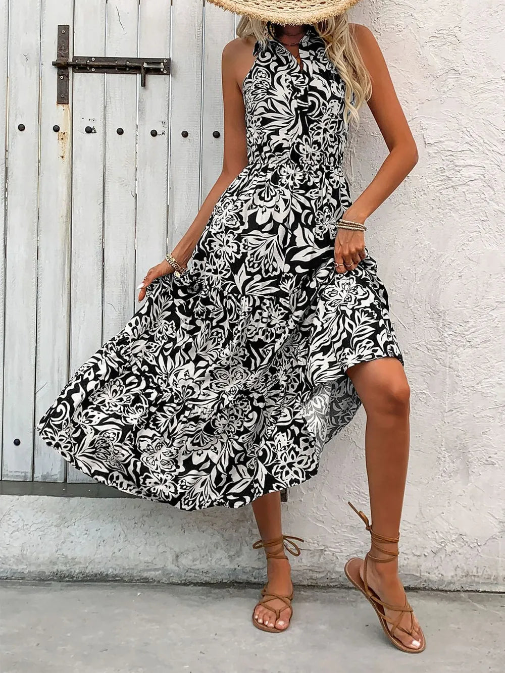 Backless Smocked Printed Sleeveless Black Midi Dress - Tigbul's Variety Fashion Shop