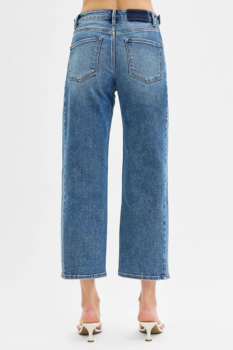 RISEN High Rise Cropped Barrel Adjustable Waist Band Jeans - Tigbul's Variety Fashion Shop