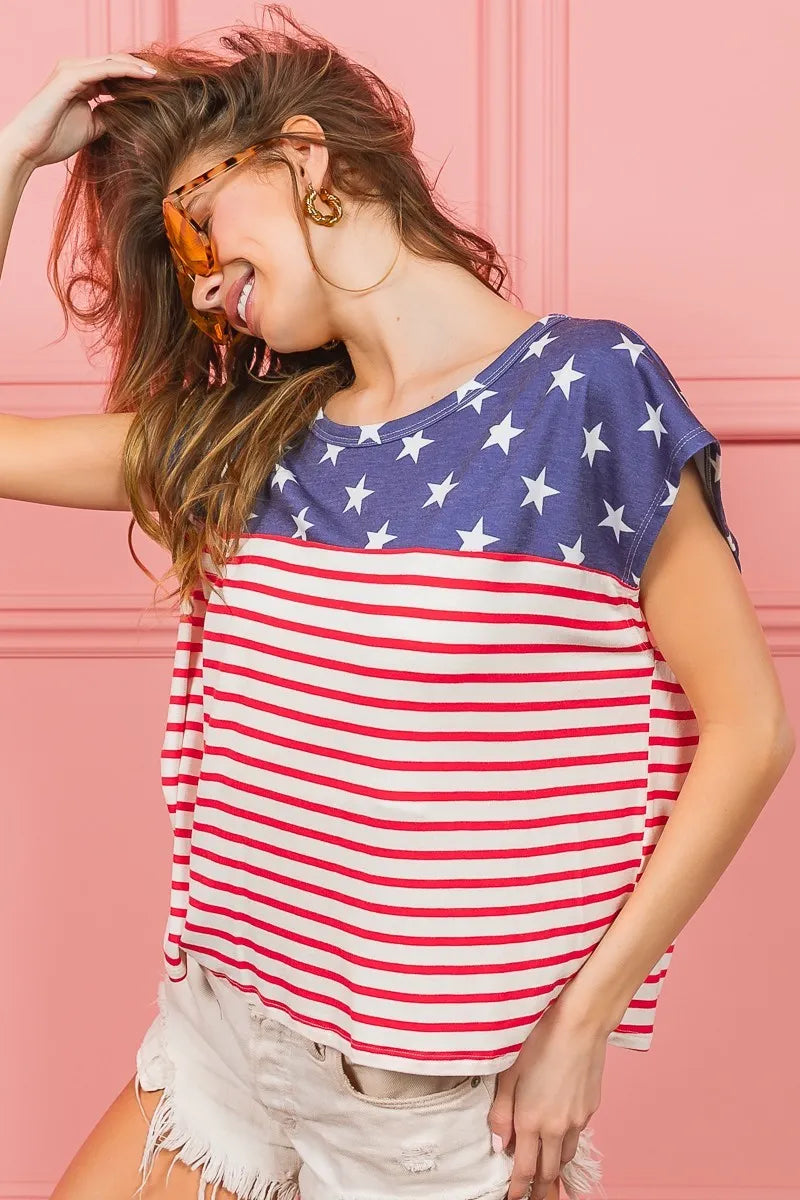 Star Rpinted with Stripe Combo Top - Tigbul's Variety Fashion Shop