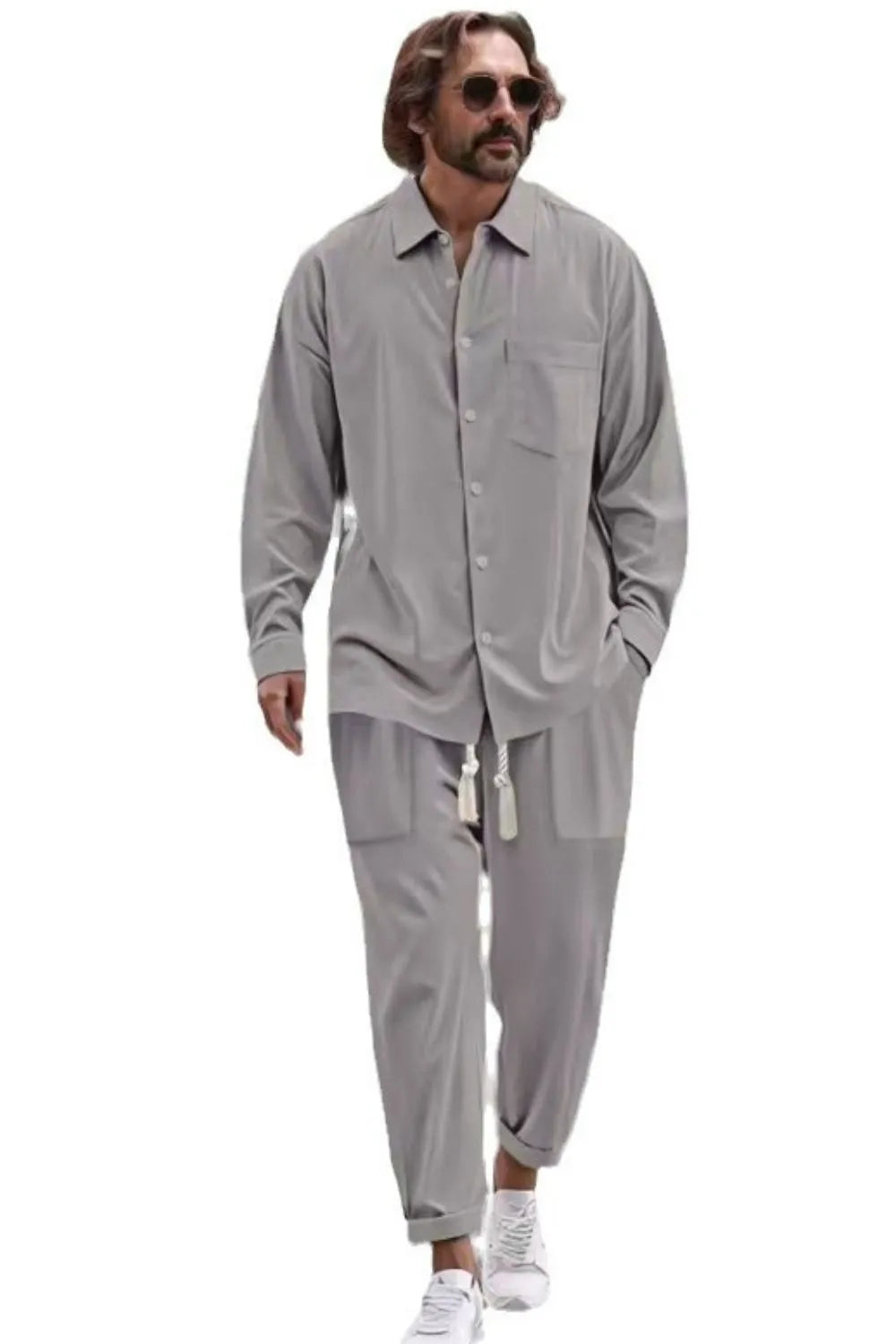 Men's Collared Neck Long Sleeve Top and Pants Set Plus Size - Tigbul's Variety Fashion Shop