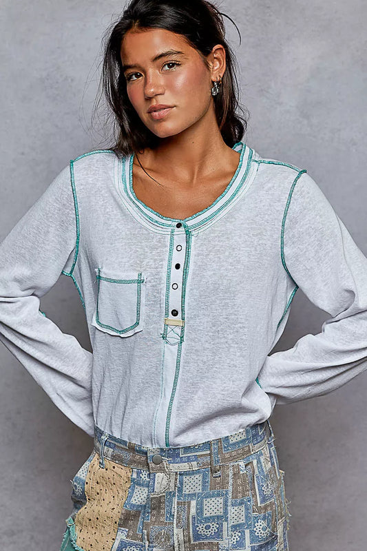 POL Round Neck Long Sleeve Top with Contrast Stitching - Tigbul's Variety Fashion Shop