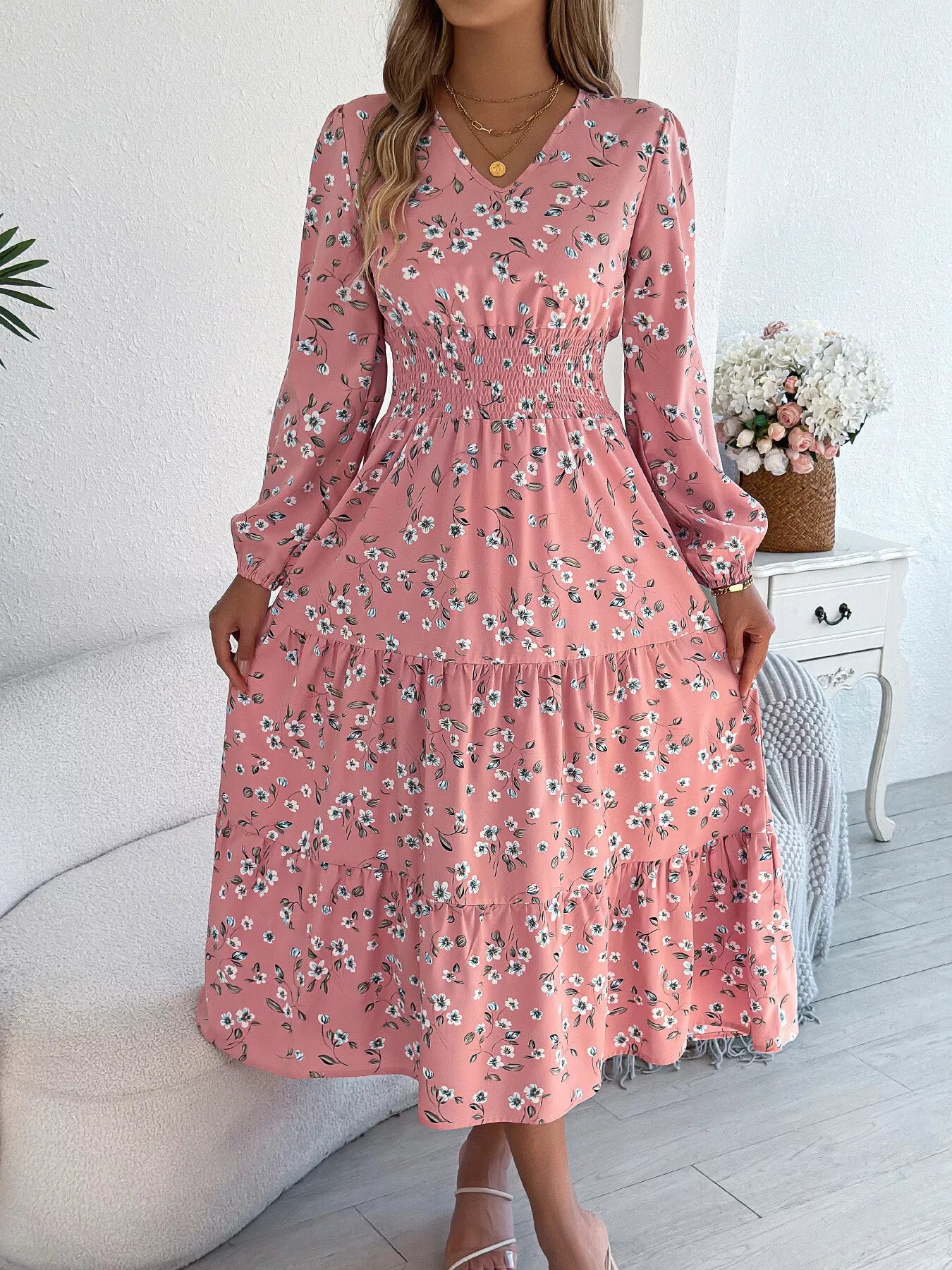 Floral Print Long Sleeve V-Neck Midi Dress - Tigbul's Variety Fashion Shop