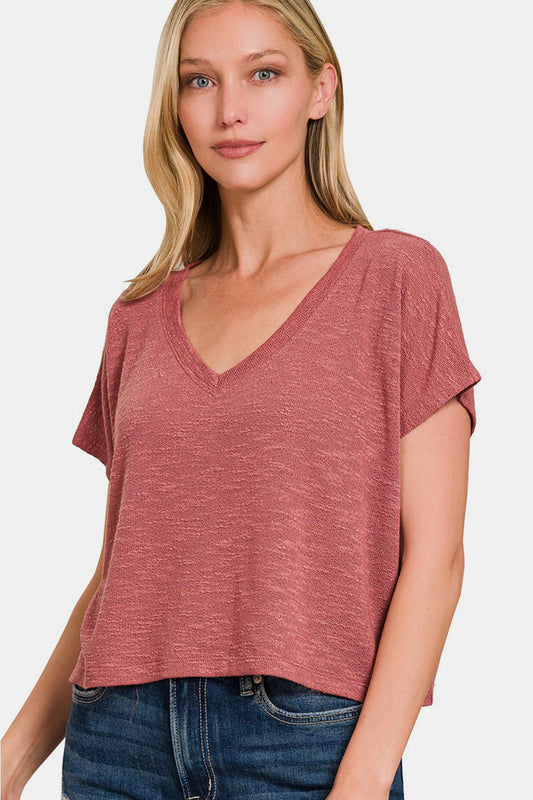 Zenana V-Neck Short Sleeve Crop T-Shirt - Tigbuls Variety Fashion