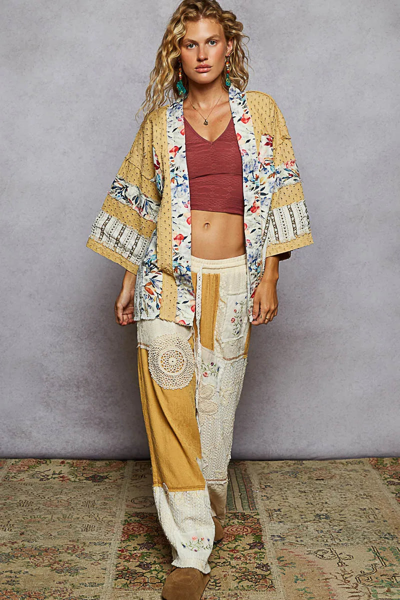 POL Raw Edge Open Front Patchwork Cardigan with Floral Trim - Tigbul's Variety Fashion Shop