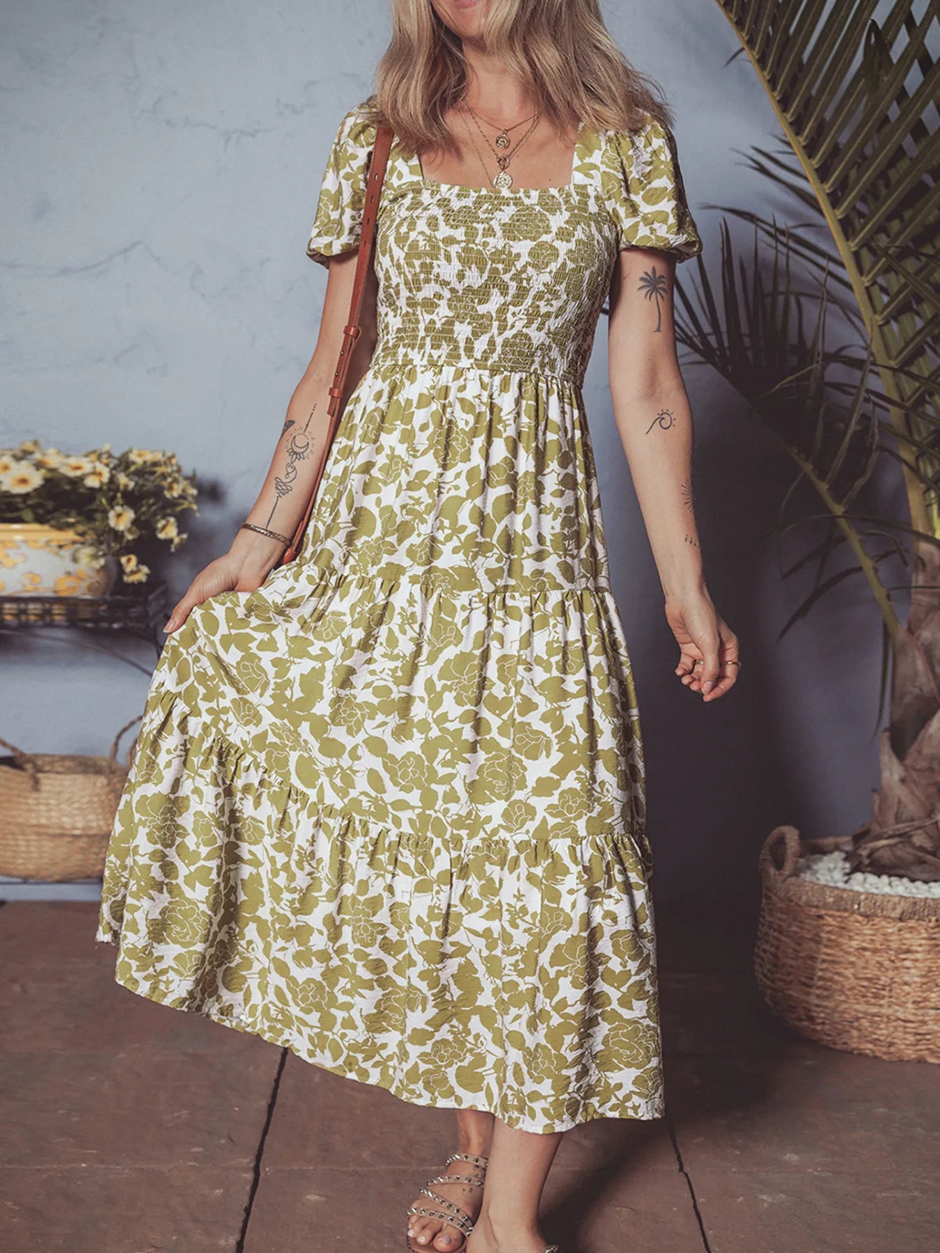 Boho Floral Square Neck Smocked Bust Puff Sleeve Tiered Dress - Tigbul's Variety Fashion Shop