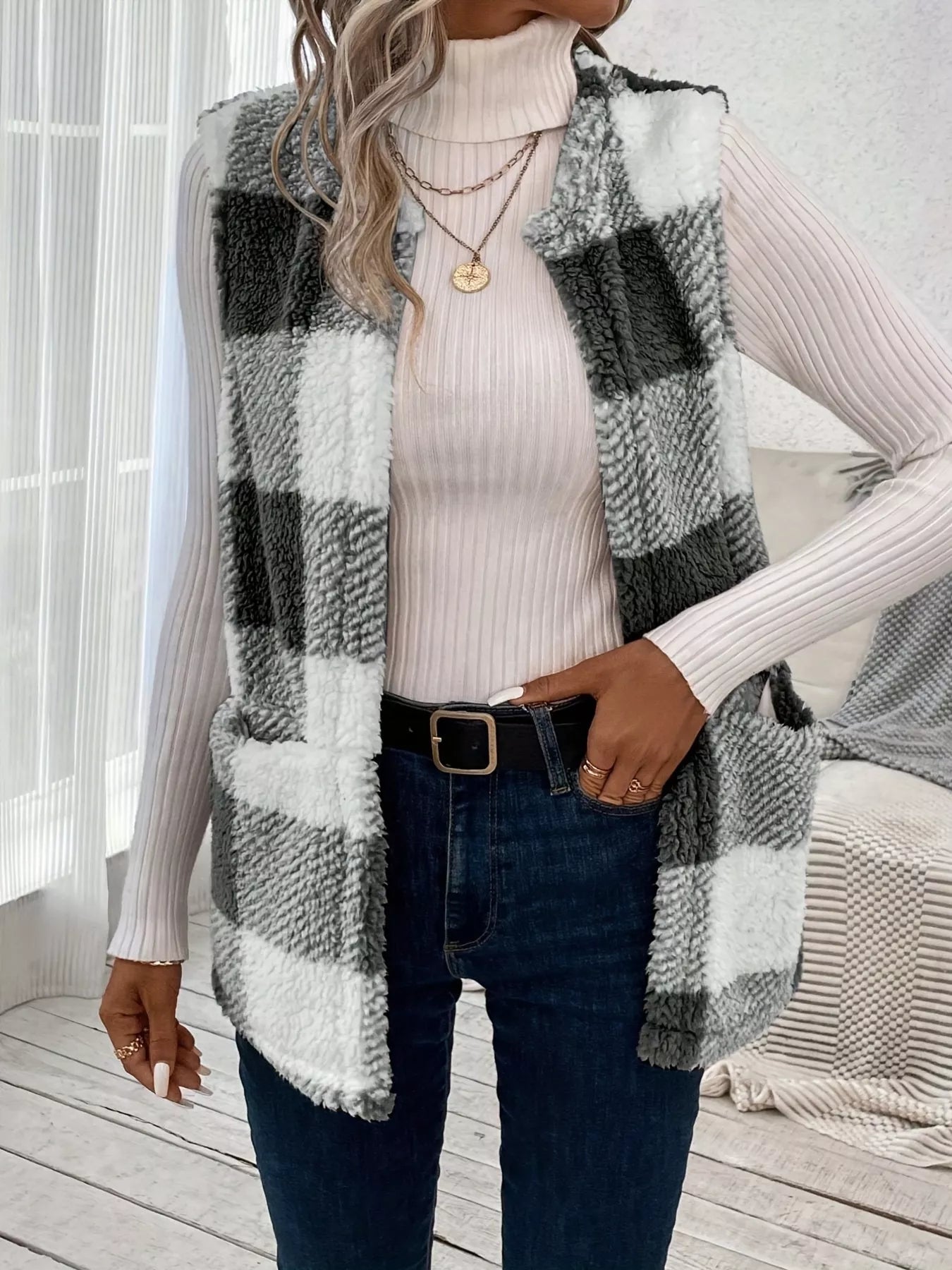 Plaid Sherpa Vest Coat with Pockets - Tigbul's Variety Fashion Shop