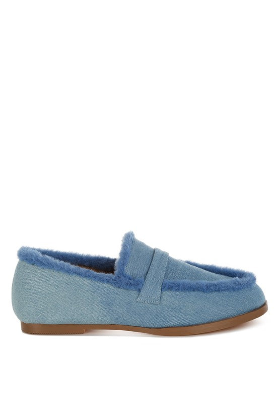 Nivena Fur Detail Denim Loafers - Tigbul's Variety Fashion Shop