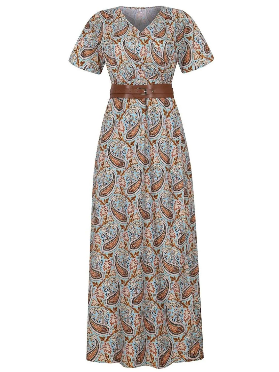 Full Size Printed V-Neck Short Sleeve Maxi Dress Plus Size - Tigbul's Variety Fashion Shop