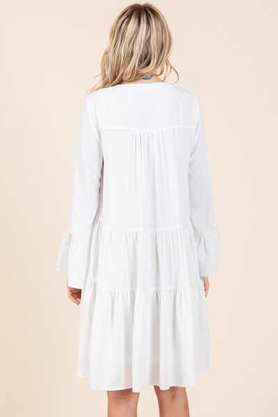 Ivory Tiered Notched Flare Sleeve Dress - Tigbul's Variety Fashion Shop