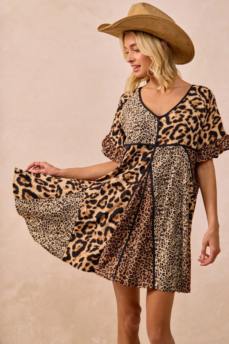 BiBi Leopard Prints Mix and Match Short Sleeves Dress - Tigbul's Variety Fashion Shop