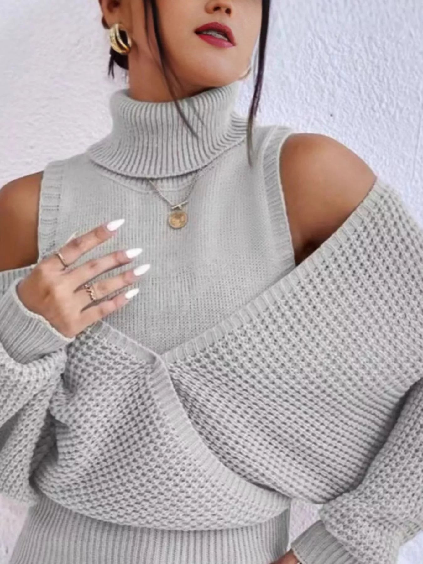 Waffle Knit Cold Shoulder Turtleneck Sweater - Tigbul's Variety Fashion Shop