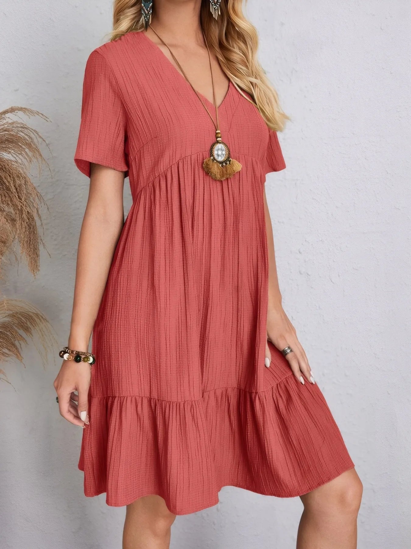V-Neck Tiered Dress with Flutter Sleeves - Tigbul's Variety Fashion Shop