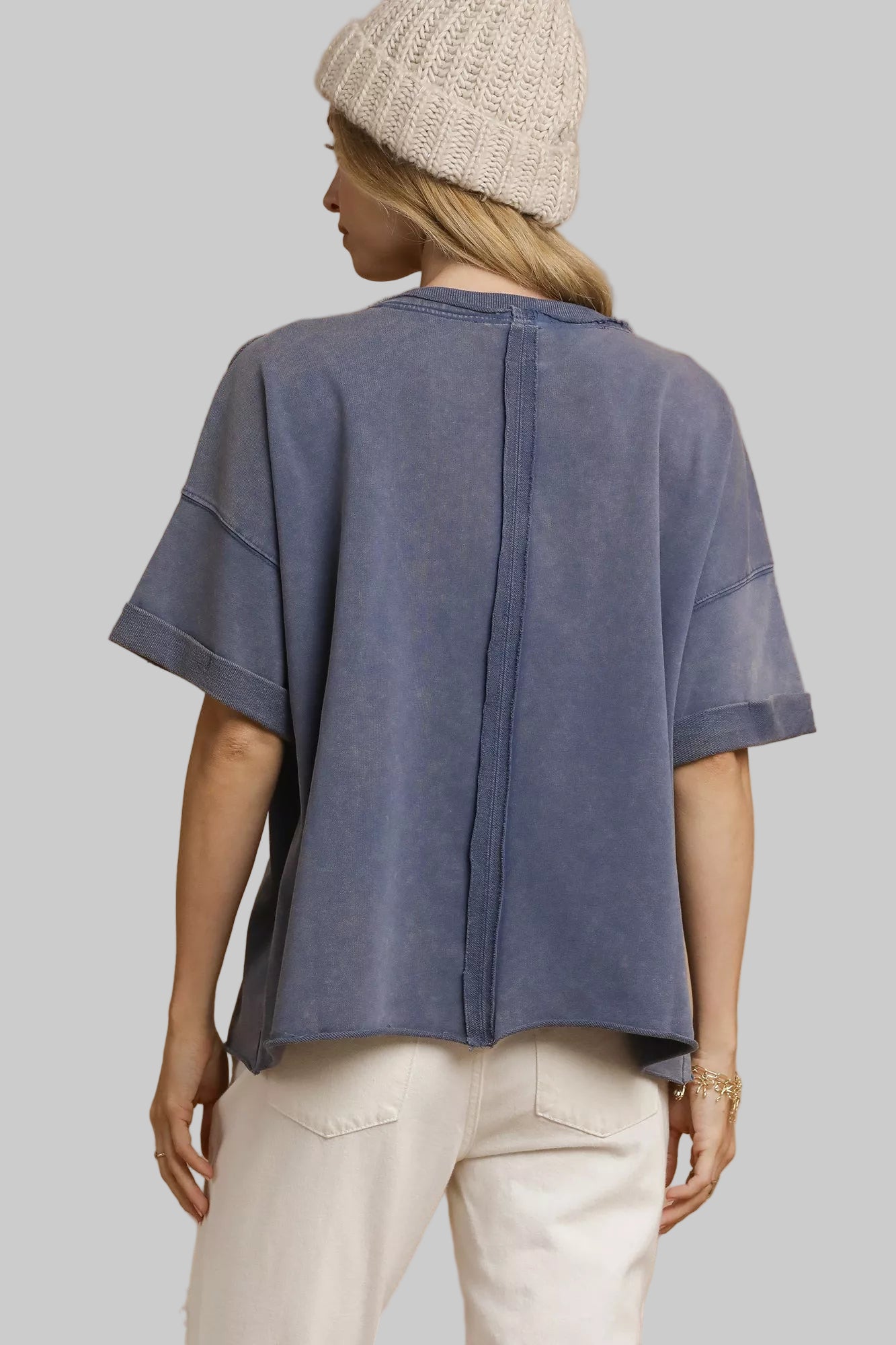 Denim Blue Mineral Wash Round Neck Top - Tigbul's Variety Fashion Shop