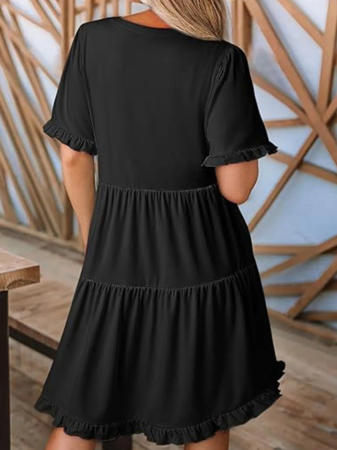 Tiered Notched Short Sleeve Mini Dress - Tigbul's Variety Fashion Shop