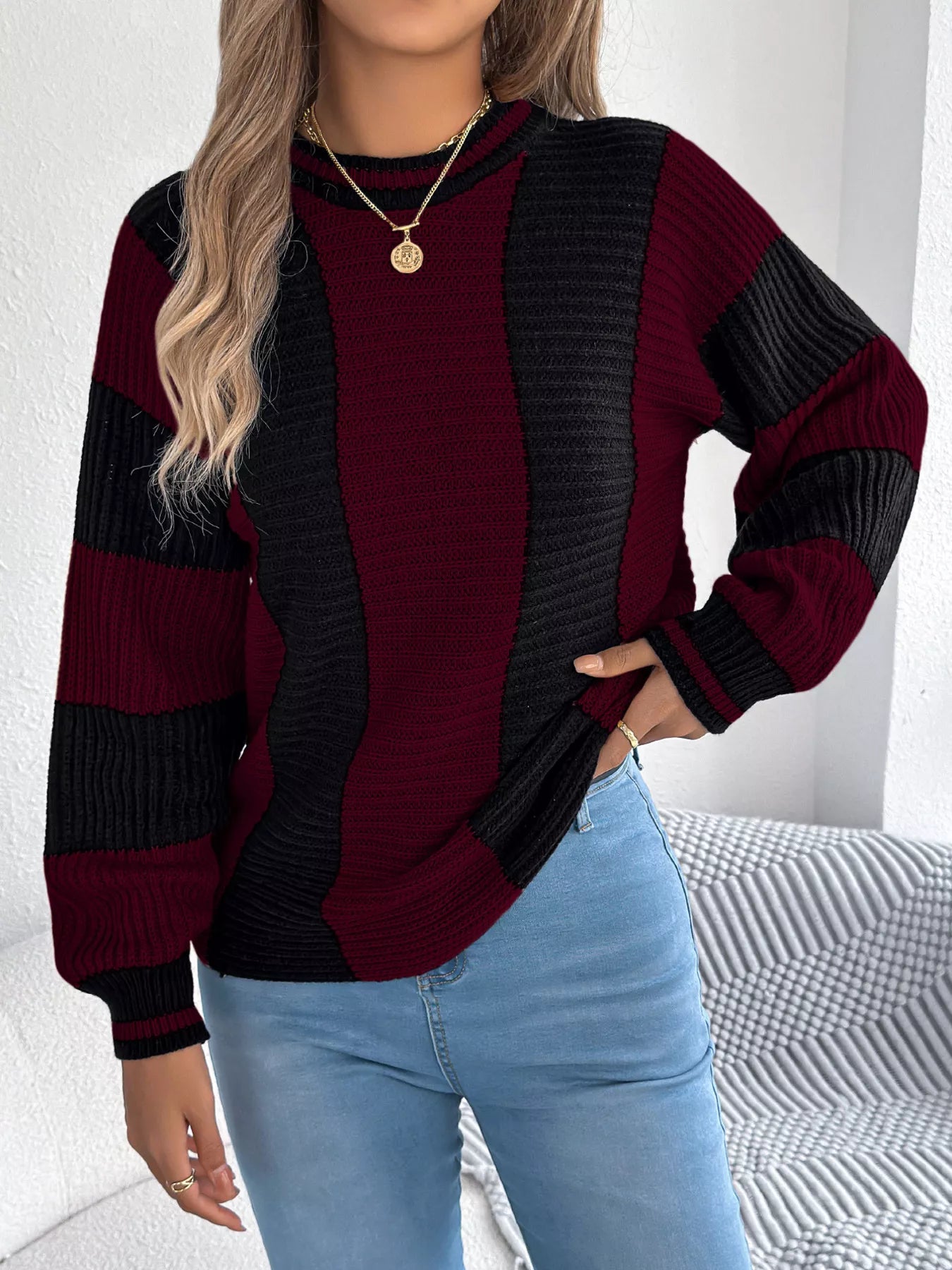 Color Block Round Neck Sweater - Tigbul's Variety Fashion Shop
