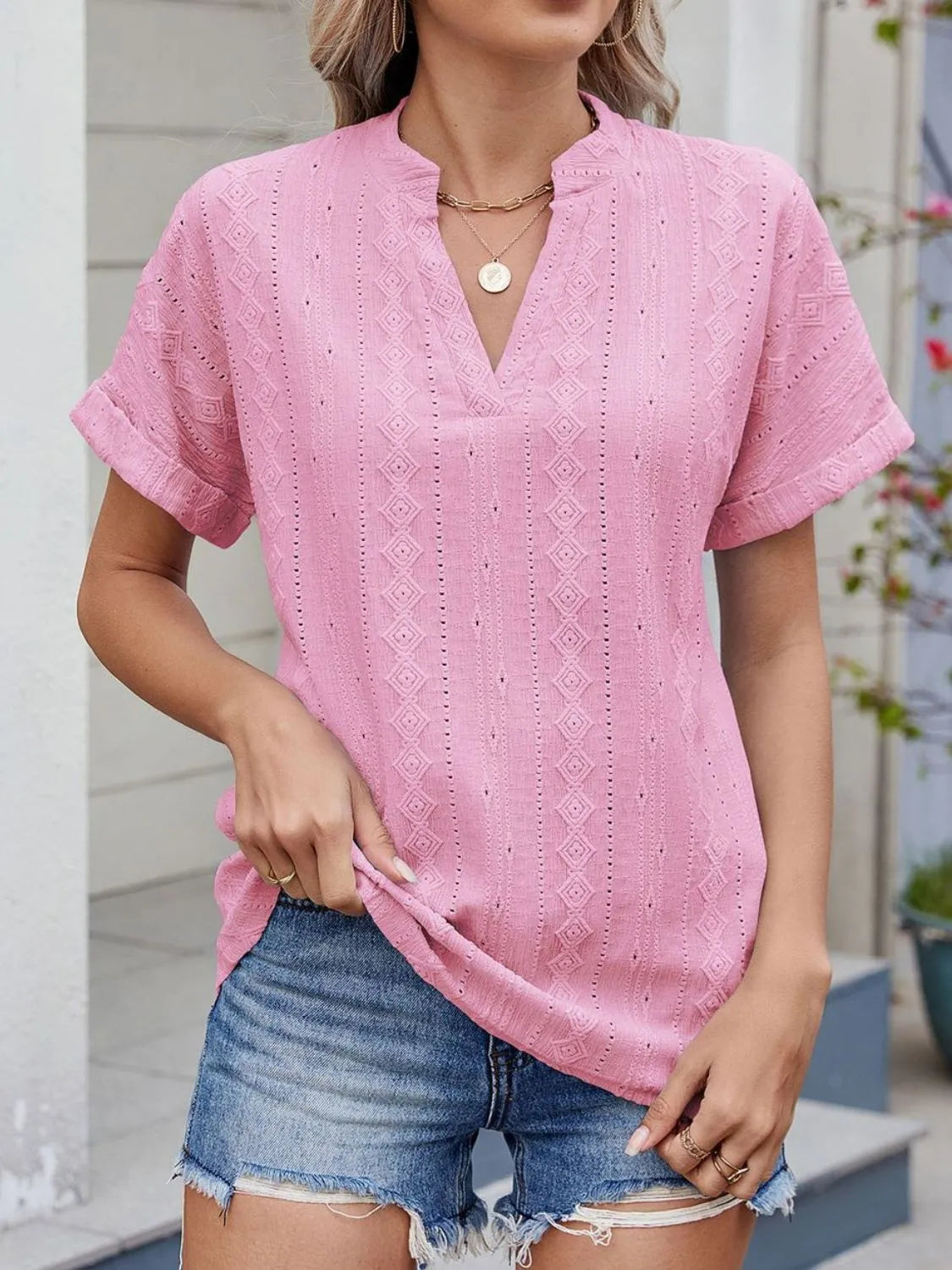 Eyelet Notched Short Sleeve Top - Tigbul's Variety Fashion Shop