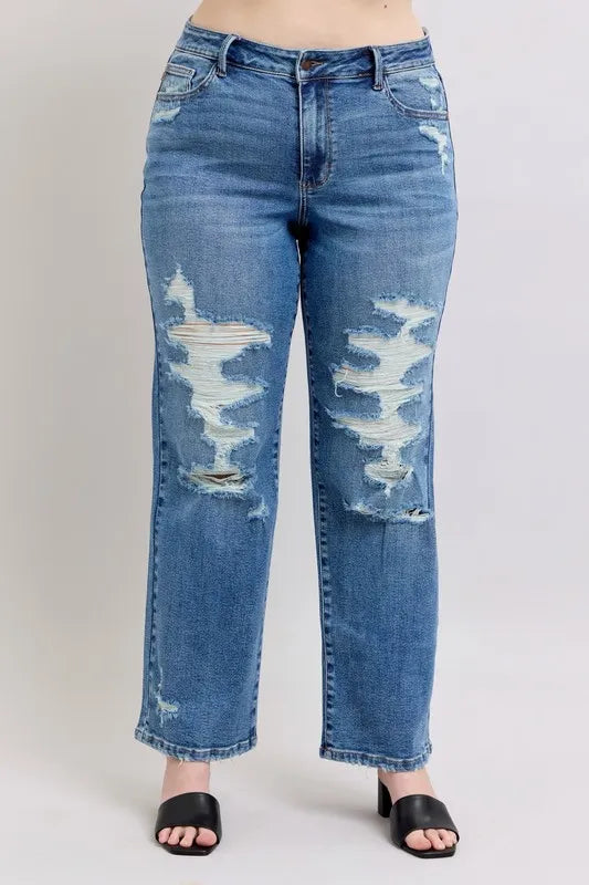 Judy Blue Full Size High Waist Heavy Destroy Straight Jeans Plus Size - Tigbul's Variety Fashion Shop