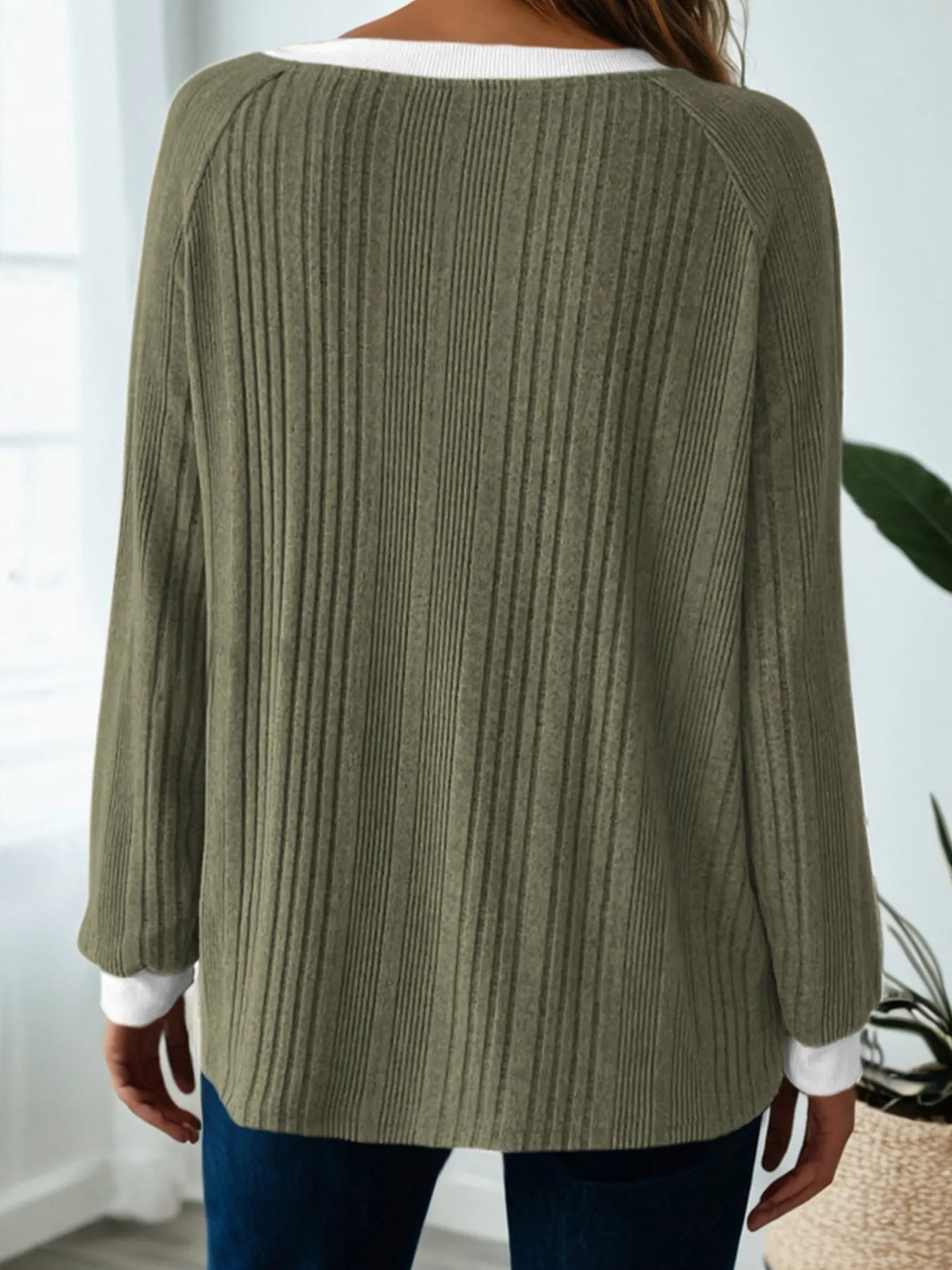 Ribbed Contrast Cuffed Round Neck Long Sleeve T Shirt - Tigbul's Variety Fashion Shop