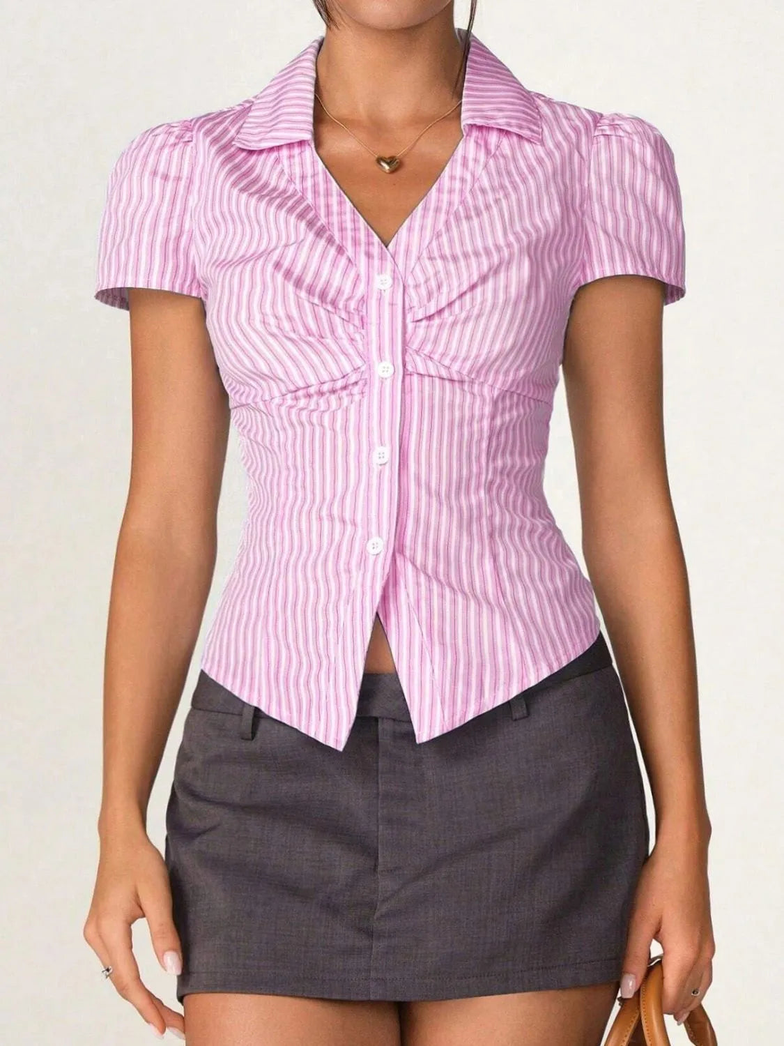 Striped Collared Neck Short Sleeve Shirt - Tigbul's Variety Fashion Shop