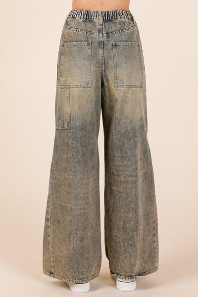 Denim Washed Wide Leg Jeans with Pockets - Tigbul's Variety Fashion Shop