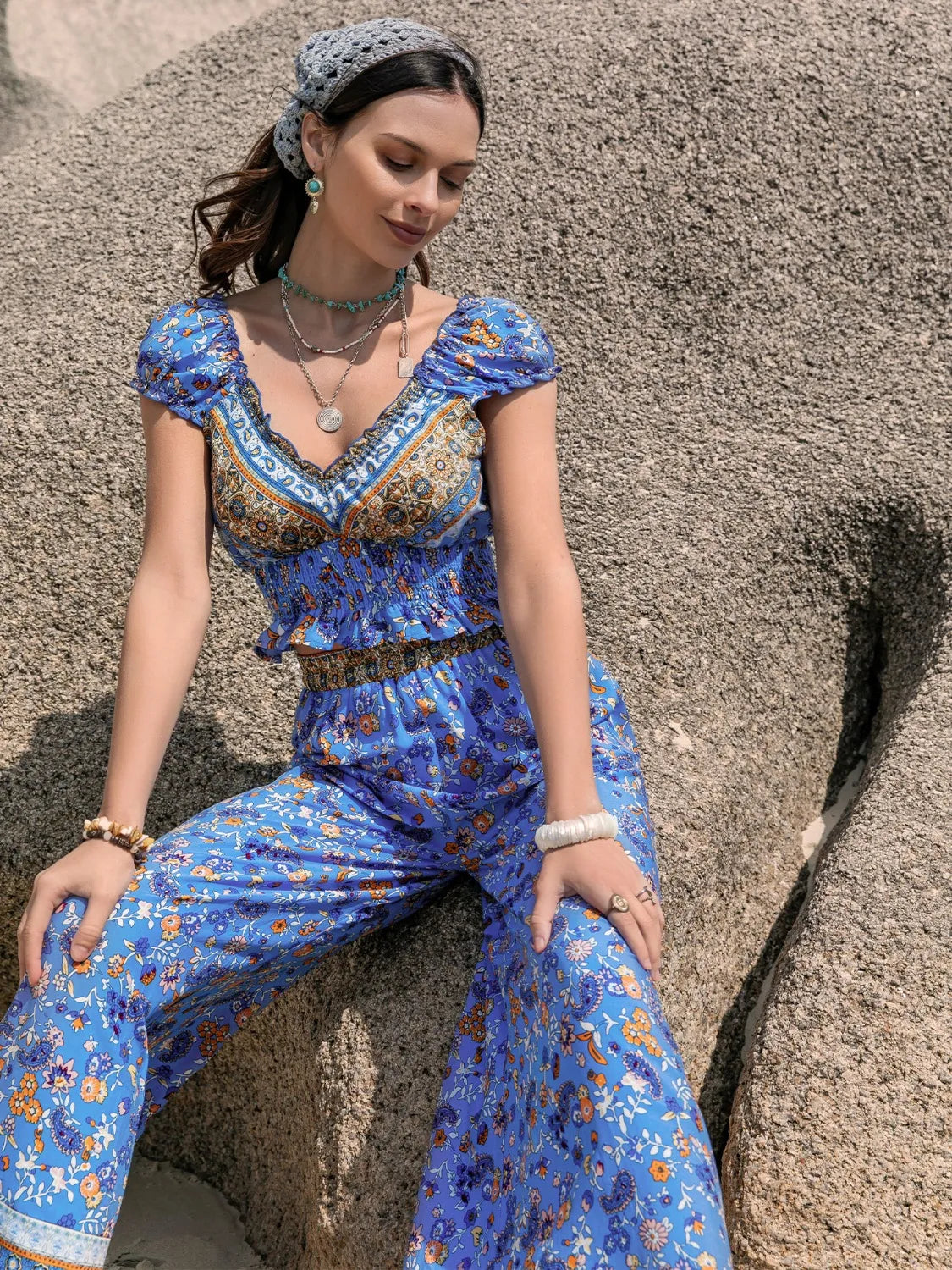 Printed V-Neck Top and Pants Set - Tigbul's Variety Fashion Shop