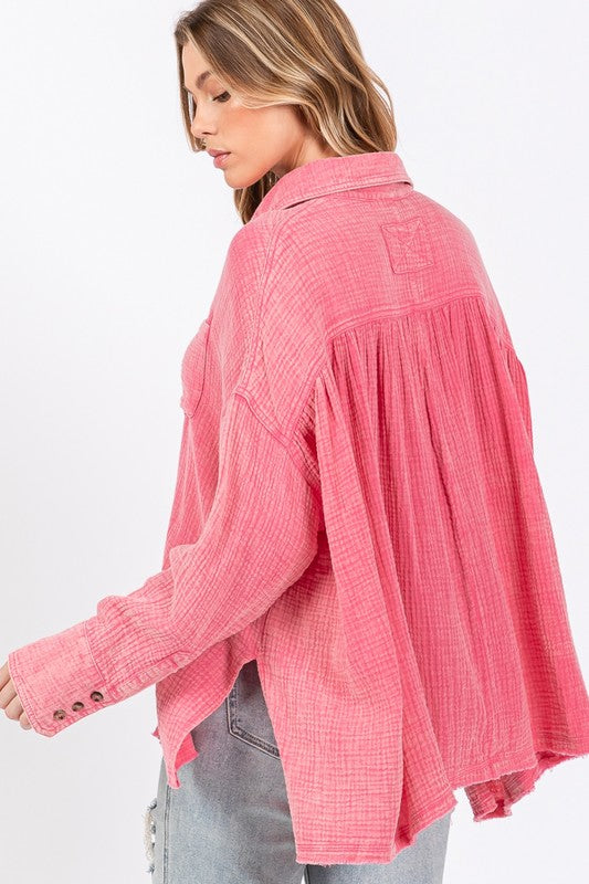 Pink Frayed Hem Side Slit Button Down Shirt - Tigbul's Variety Fashion Shop