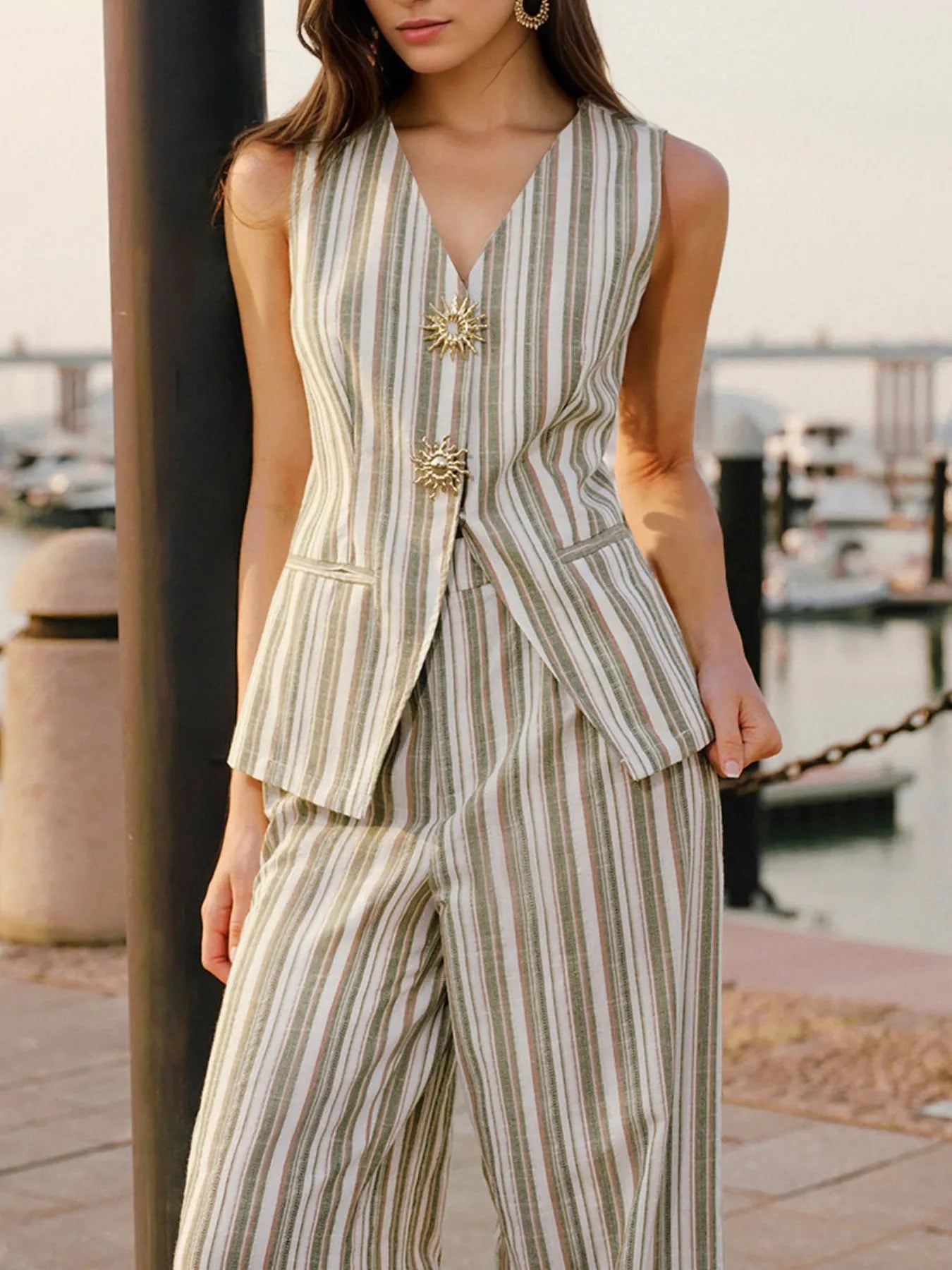 Striped Sleeveless V-Neck Top and Pants Two-Piece Set - Tigbul's Variety Fashion Shop