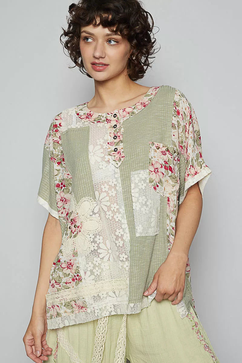 POL Lace Round Neck Short Sleeve Floral Pattern Top with Patch Detail - Tigbul's Variety Fashion Shop