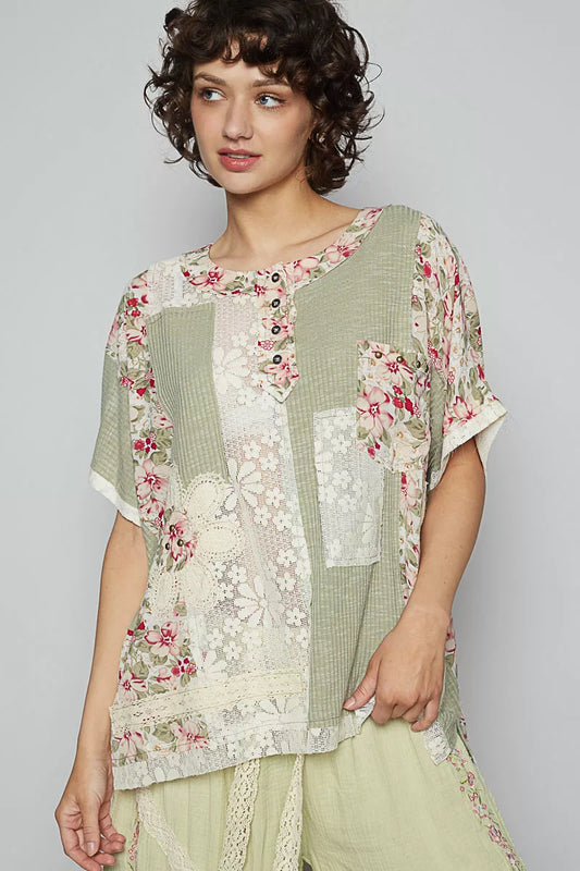 POL Lace Round Neck Short Sleeve Floral Pattern Top with Patch Detail - Tigbul's Variety Fashion Shop