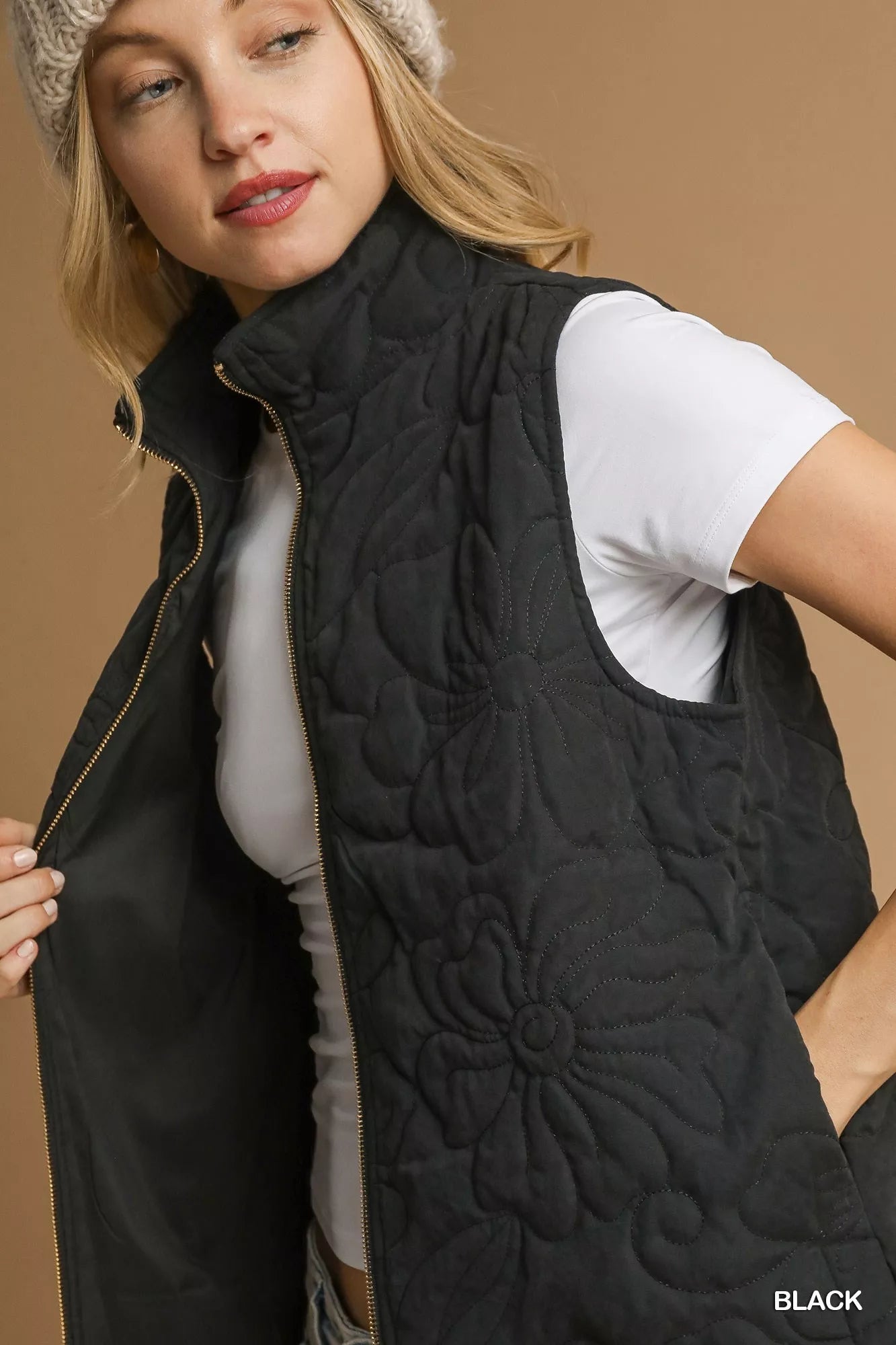 Umgee Quilted Floral Zip Up Vest with Pockets - Tigbul's Variety Fashion Shop
