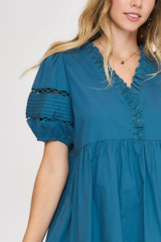 Blue Lace Detail Puff Sleeve Mini Dress - Tigbul's Variety Fashion Shop