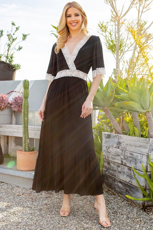 Lace Trim Detailed Tiered Midi Dress - Tigbul's Variety Fashion Shop