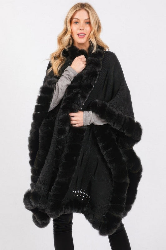 Faux Fur Collar And Trim Cape With Closure - Tigbul's Variety Fashion Shop