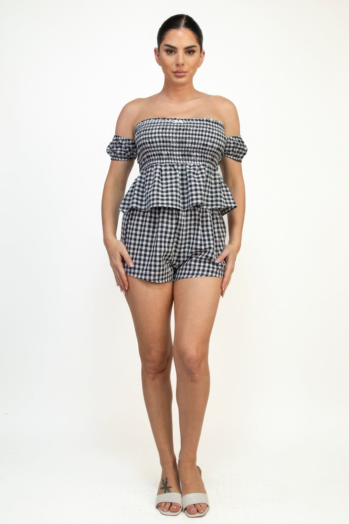 Off-shoulder Smock Gingham Top & Mini Short Sets - Tigbul's Variety Fashion Shop