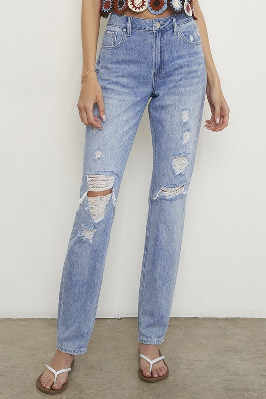 Distressed Light Blue Straight Jeans - Tigbul's Variety Fashion Shop