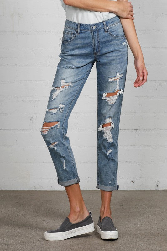 Ladies Distressed Girlfriend Denim Jean Cropped Pants - Tigbul's Variety Fashion Shop