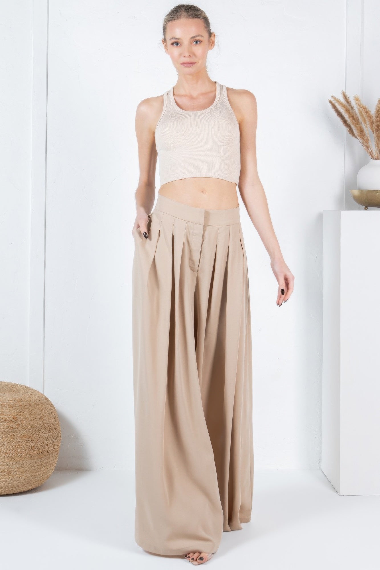 Large Hem Wide Leg Pleated Solid Pants - Tigbul's Variety Fashion Shop